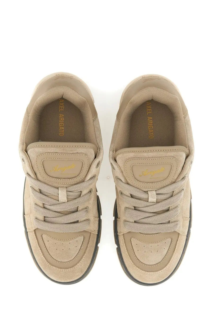 Axel Arigato men’s area haze sneaker beige low-top with suede and canvas upper black rubber sole gold branding