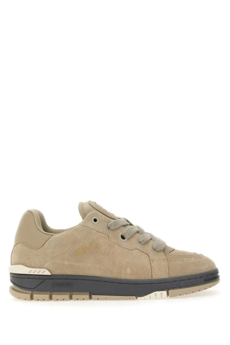 Axel Arigato men’s beige suede low-top sneaker with dark gray rubber sole and white midsole detail