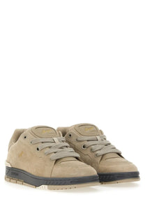 Axel arigato men’s area haze sneaker beige suede low-top with gold branding and black rubber sole