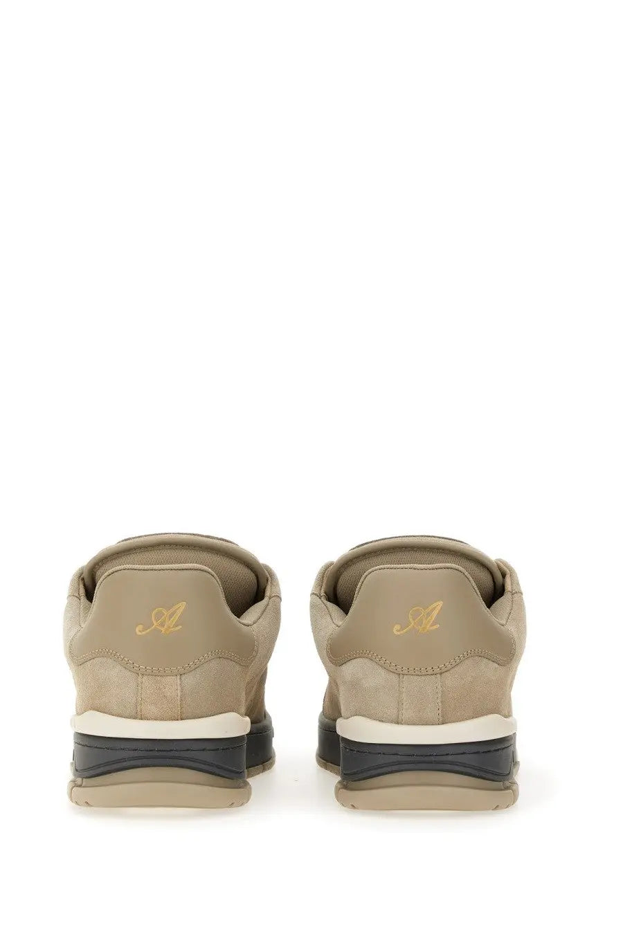 Beige suede Axel Arigato men’s Area Haze sneaker back view with gold embroidered logo on heel and layered rubber soles