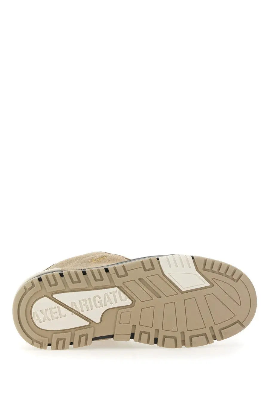Beige axel arigato men’s area haze sneaker showing back side with textured rubber sole and white heel branding