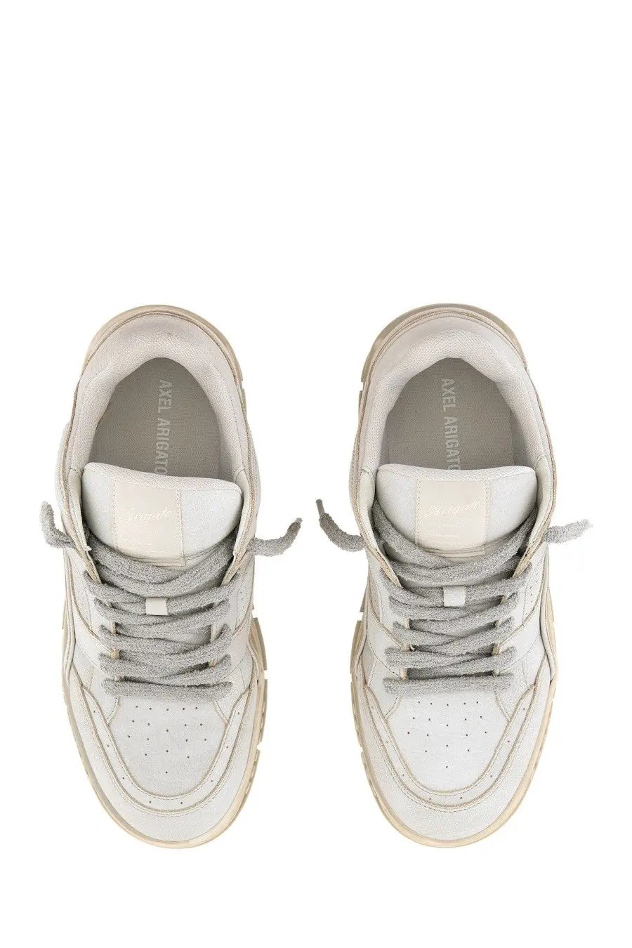 Axel Arigato men’s area LO sneaker in white leather with gray laces and chunky sole featuring branded insole