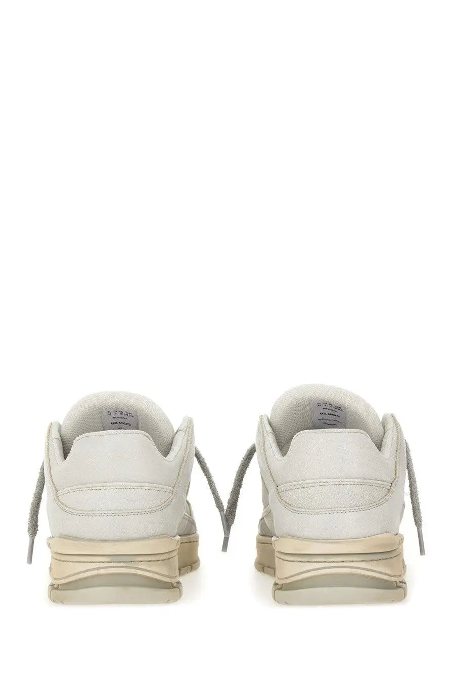 Axel Arigato men’s area lo sneaker white white leather with beige rubber soles and gray laces