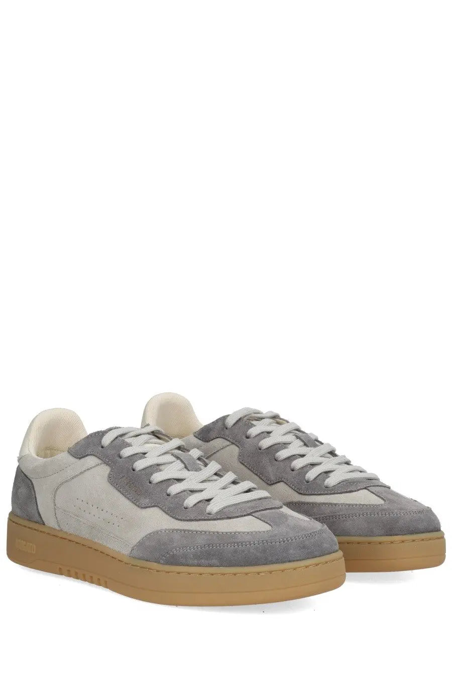 Axel Arigato men’s says toe sneaker grey low-top in gray suede and canvas with white laces and tan rubber sole