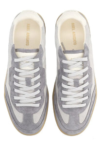 Axel Arigato men’s says toe low-top sneaker in grey suede and white canvas with tan rubber sole
