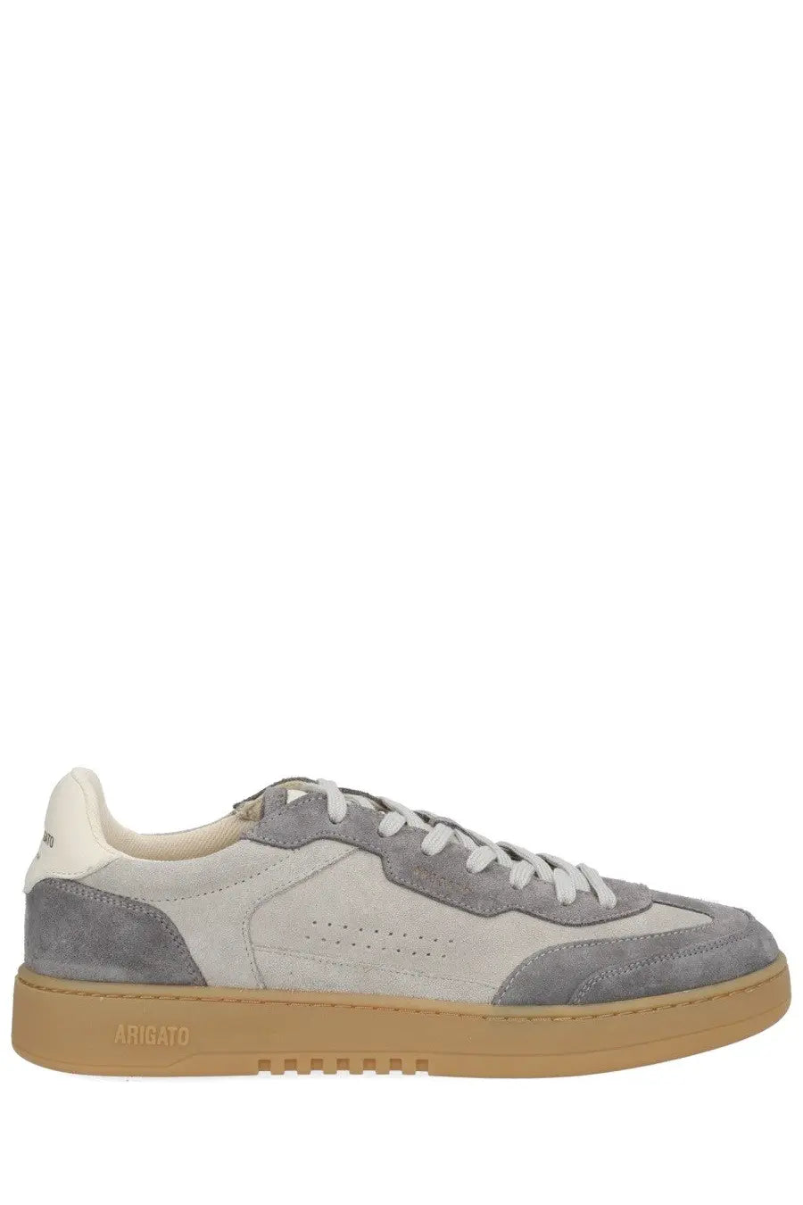 Axel Arigato men’s says toe sneaker grey with gray suede off-white leather low-top design and tan rubber sole
