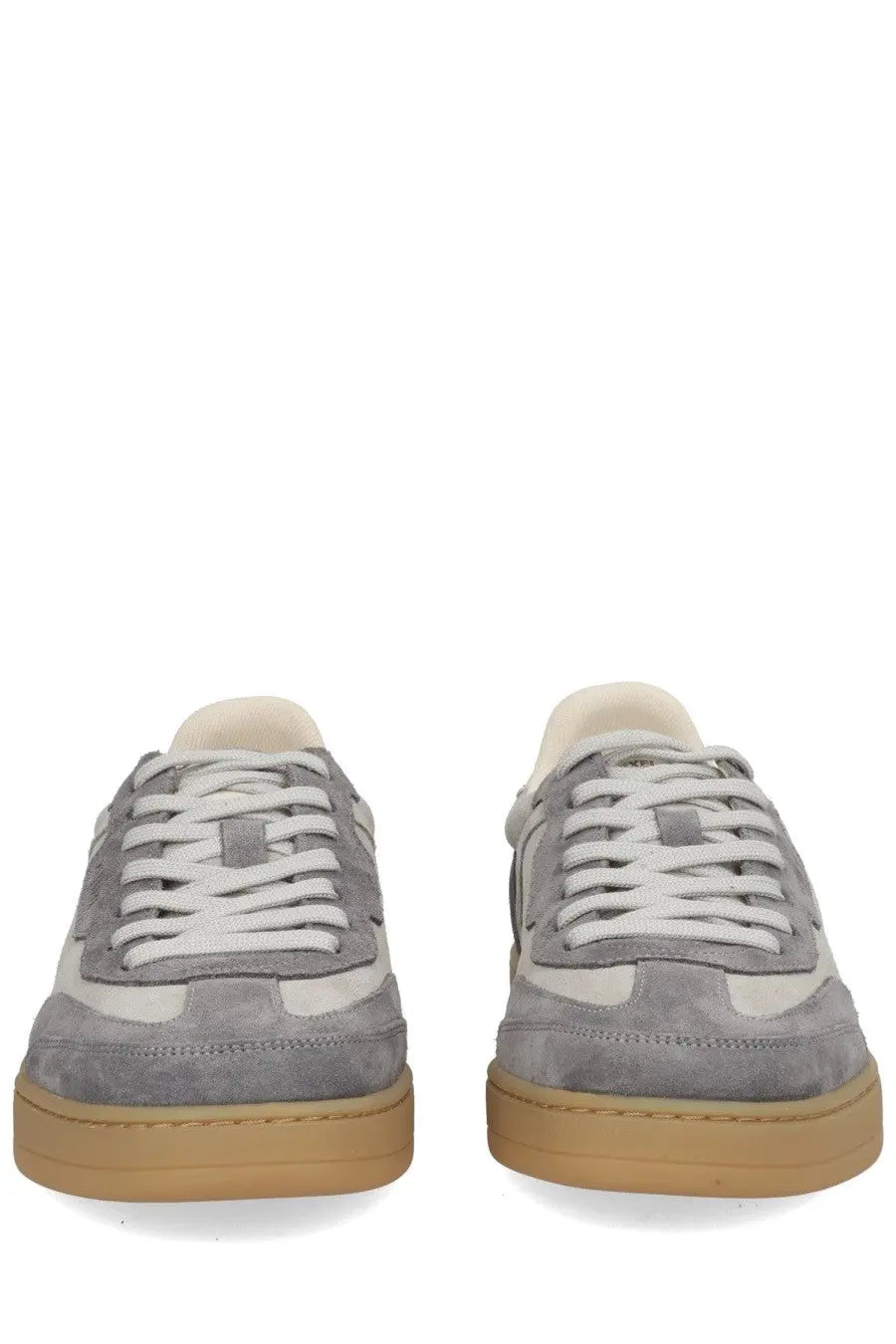 Axel arigato men’s says toe sneaker grey featuring gray suede and white leather with tan rubber sole low-top design