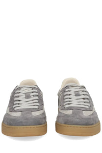 Axel arigato men’s says toe sneaker grey featuring gray suede and white leather with tan rubber sole low-top design