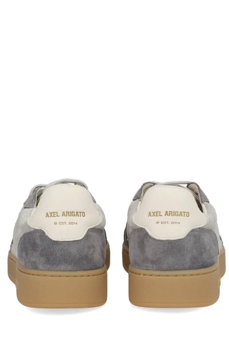 Axel Arigato men’s says toe sneaker grey with gray white suede accents and tan rubber sole