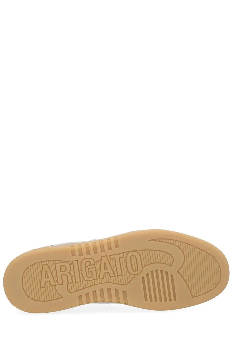 Tan rubber sole of axel arigato men’s says toe sneaker grey with embossed arigato branding and textured grip patterns