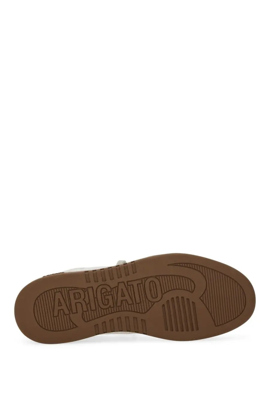 Brown rubber sole of axel arigato men’s multicolor says toe sneaker with embossed arigato branding and textured grip