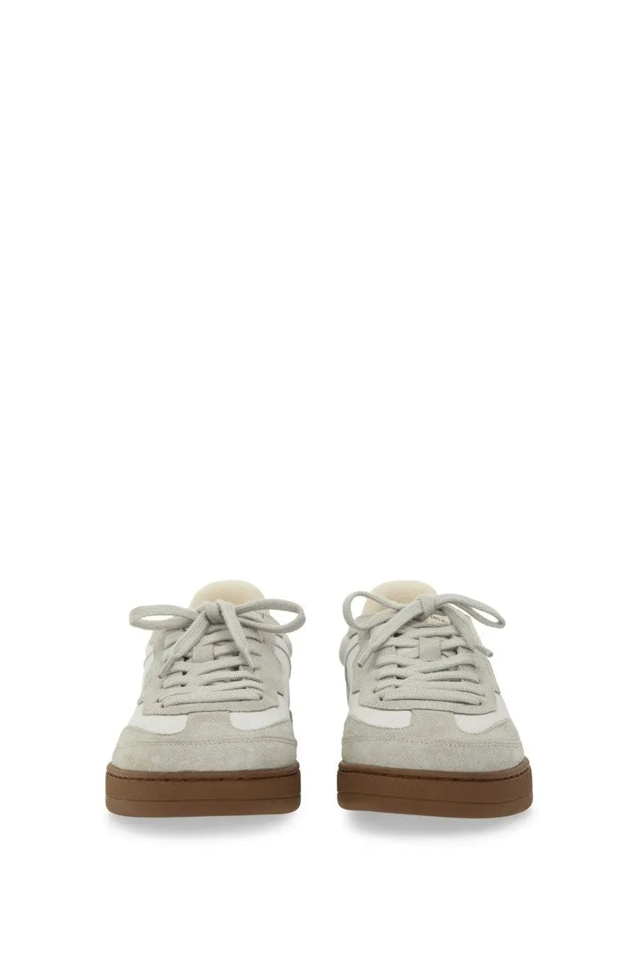 Axel Arigato men’s says toe sneaker in light gray suede with white accents and a brown rubber sole