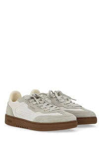 Axel Arigato men’s Says Toe sneaker in light gray suede and white leather with brown rubber sole low-top design