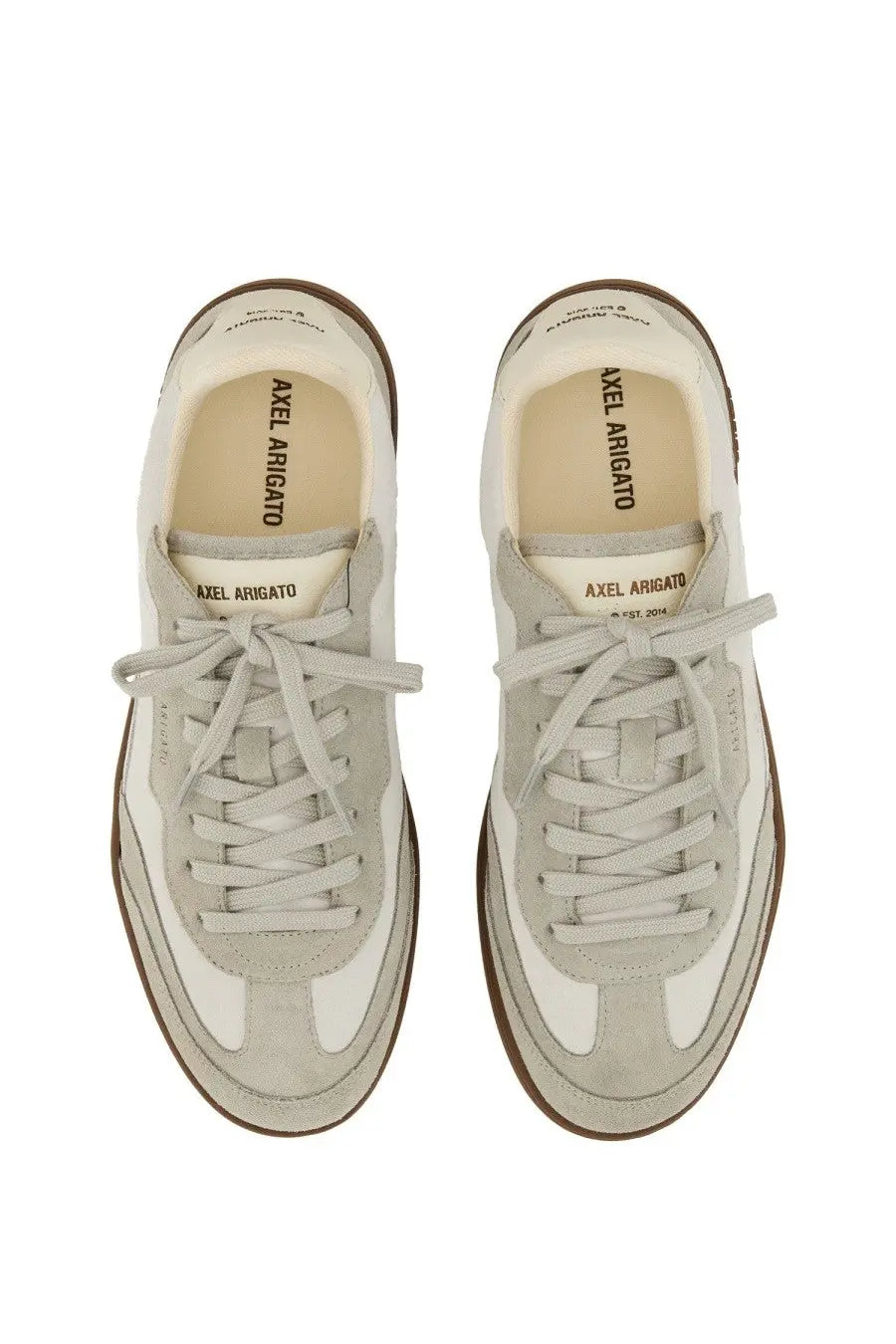 Axel arigato men’s says toe low-top sneakers in two-tone light gray suede and white leather with brown soles