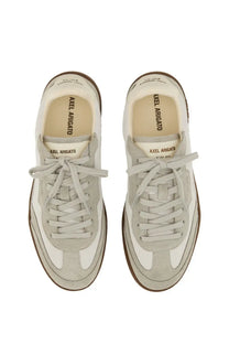 Axel arigato men’s says toe low-top sneakers in two-tone light gray suede and white leather with brown soles