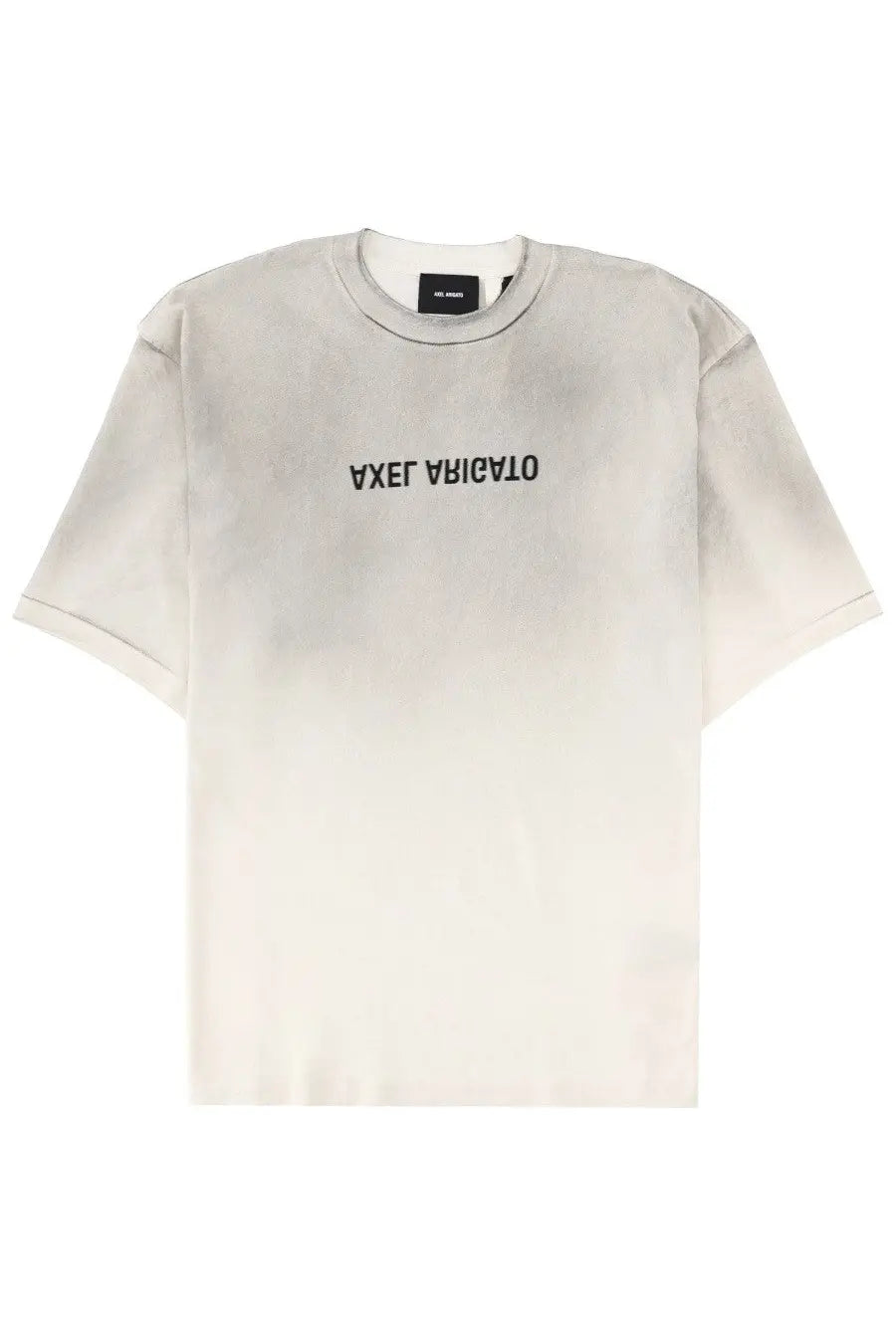 Axel Arigato men’s off-white crewneck t-shirt with subtle faded texture and black reversed text on the chest