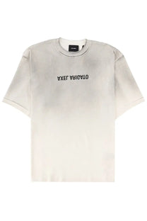 Axel Arigato men’s off-white crewneck t-shirt with subtle faded texture and black reversed text on the chest