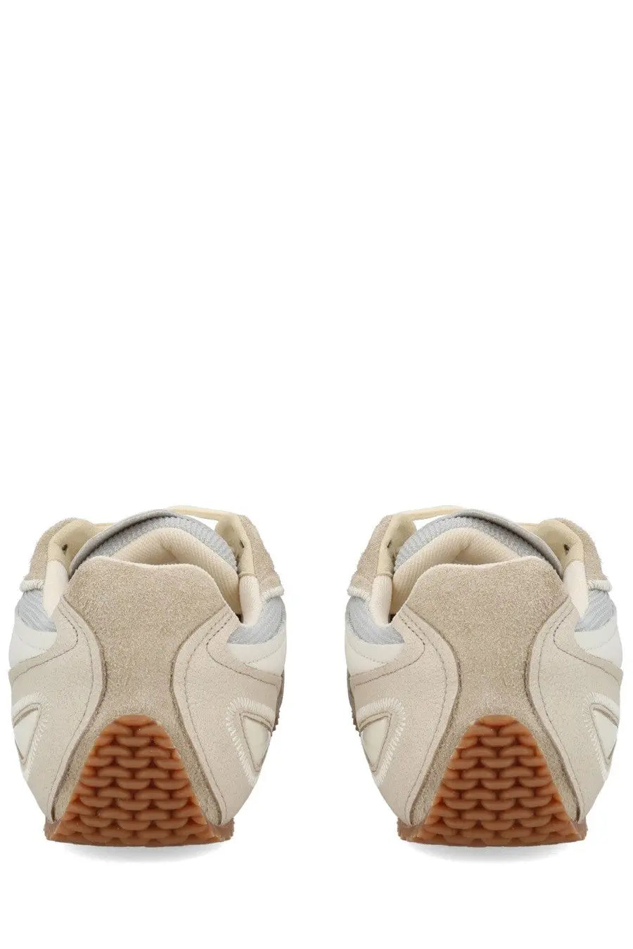 Axel Arigato men’s slow runner sneaker white in beige and light gray suede with textured brown rubber sole