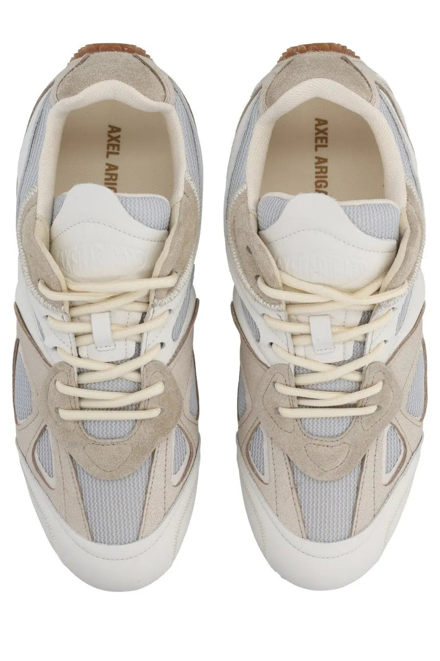 Beige and white axel arigato men’s slow runner sneaker with suede mesh and synthetic overlays