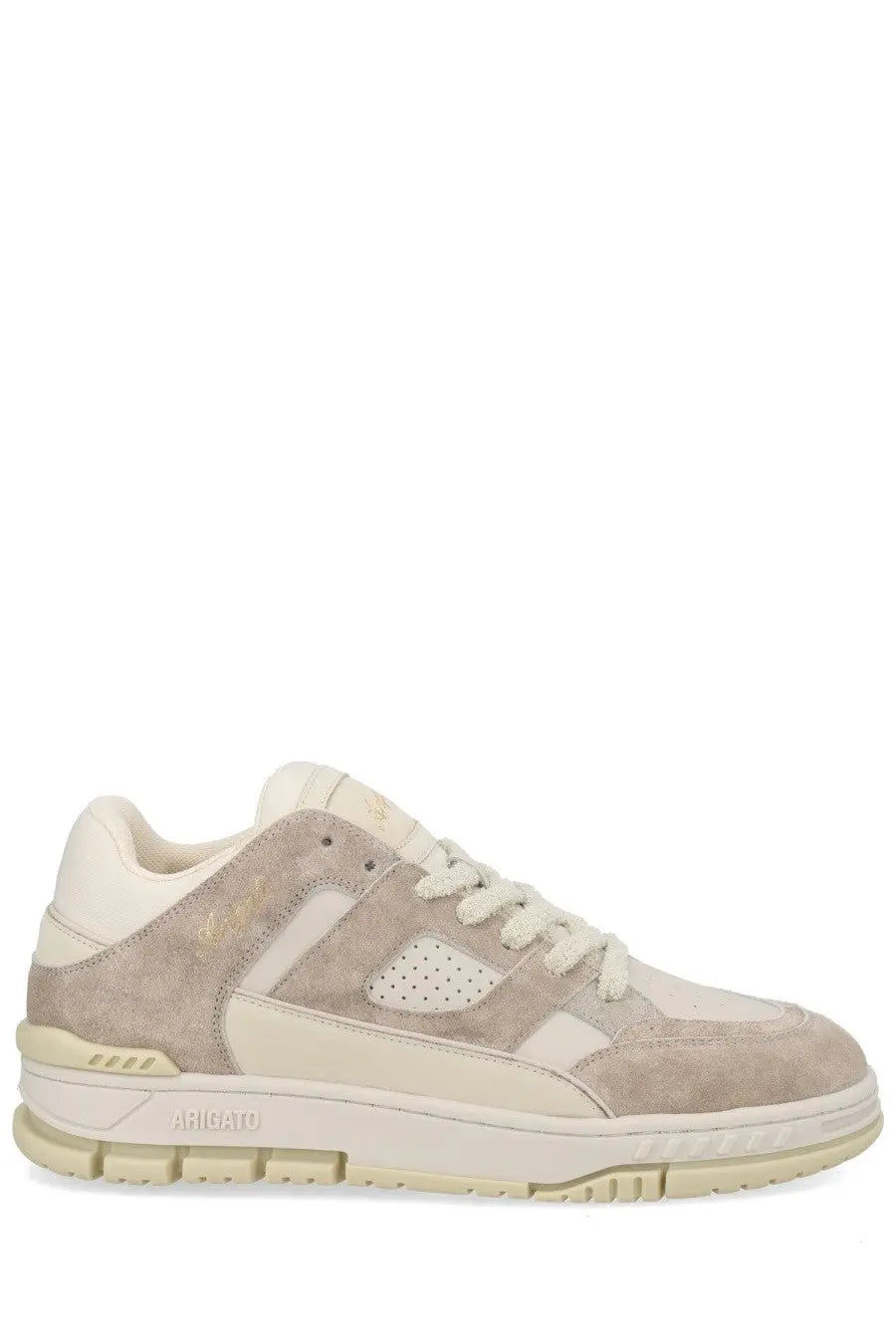 Axel Arigato men’s sneaker area beige low-top sneaker in beige suede and canvas with cream accents and chunky sole