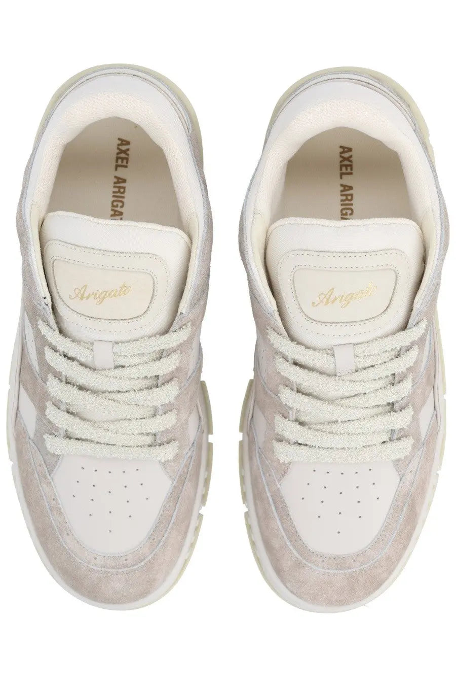 Axel arigato men’s sneaker area beige in white and beige suede with textured distressed finish and gold tongue embroidery