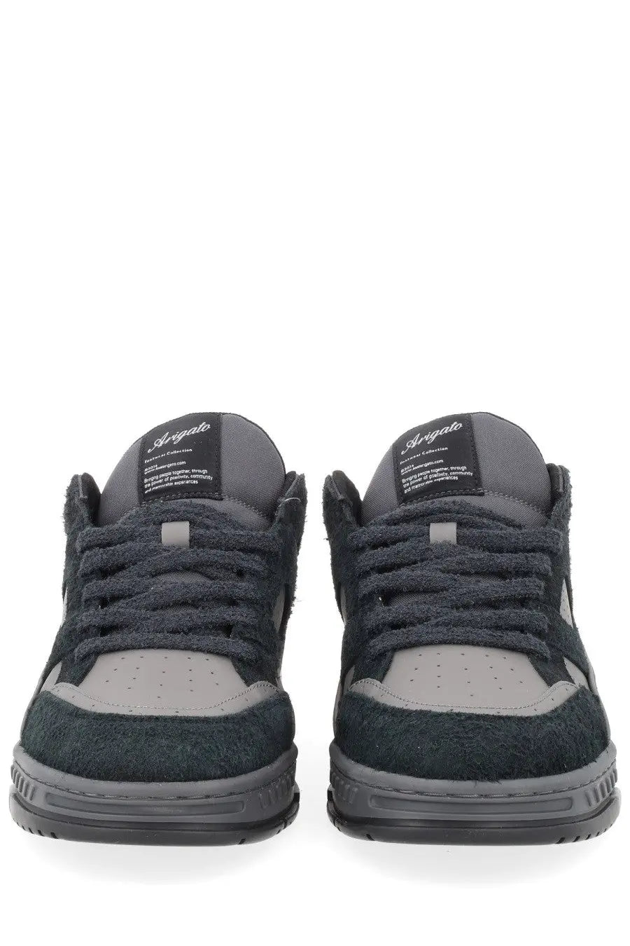 AXEL ARIGATO men’s sneaker area black with dark gray and charcoal suede textured distressed finish and light gray panels