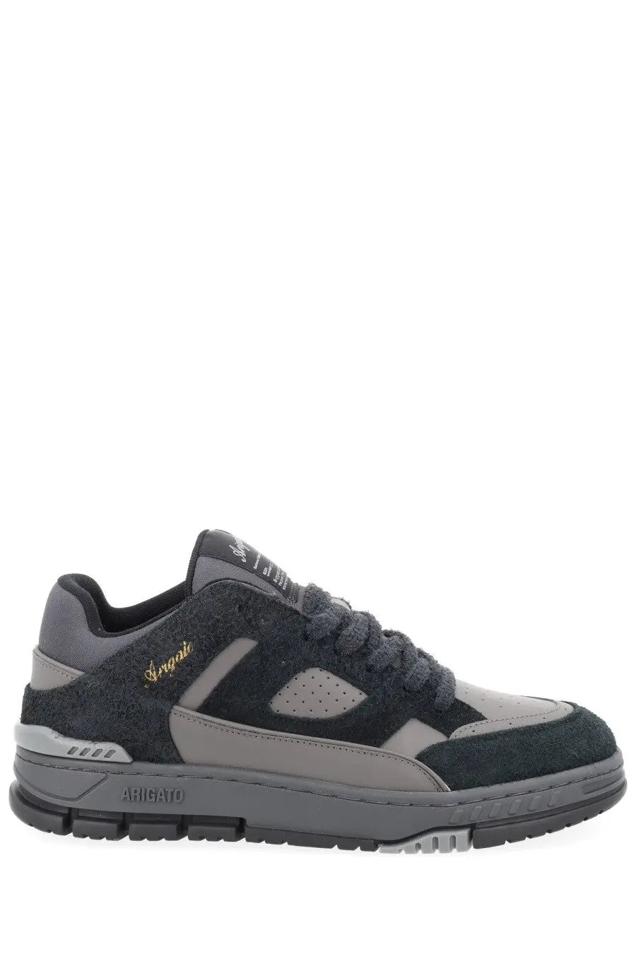 Axel Arigato men’s sneaker Area black in dark gray suede and mesh with light gray panels and gold anggadi embroidery