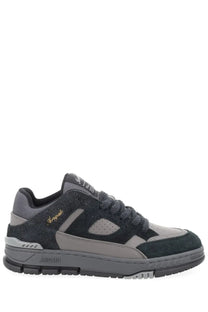 Axel Arigato men’s sneaker Area black in dark gray suede and mesh with light gray panels and gold anggadi embroidery