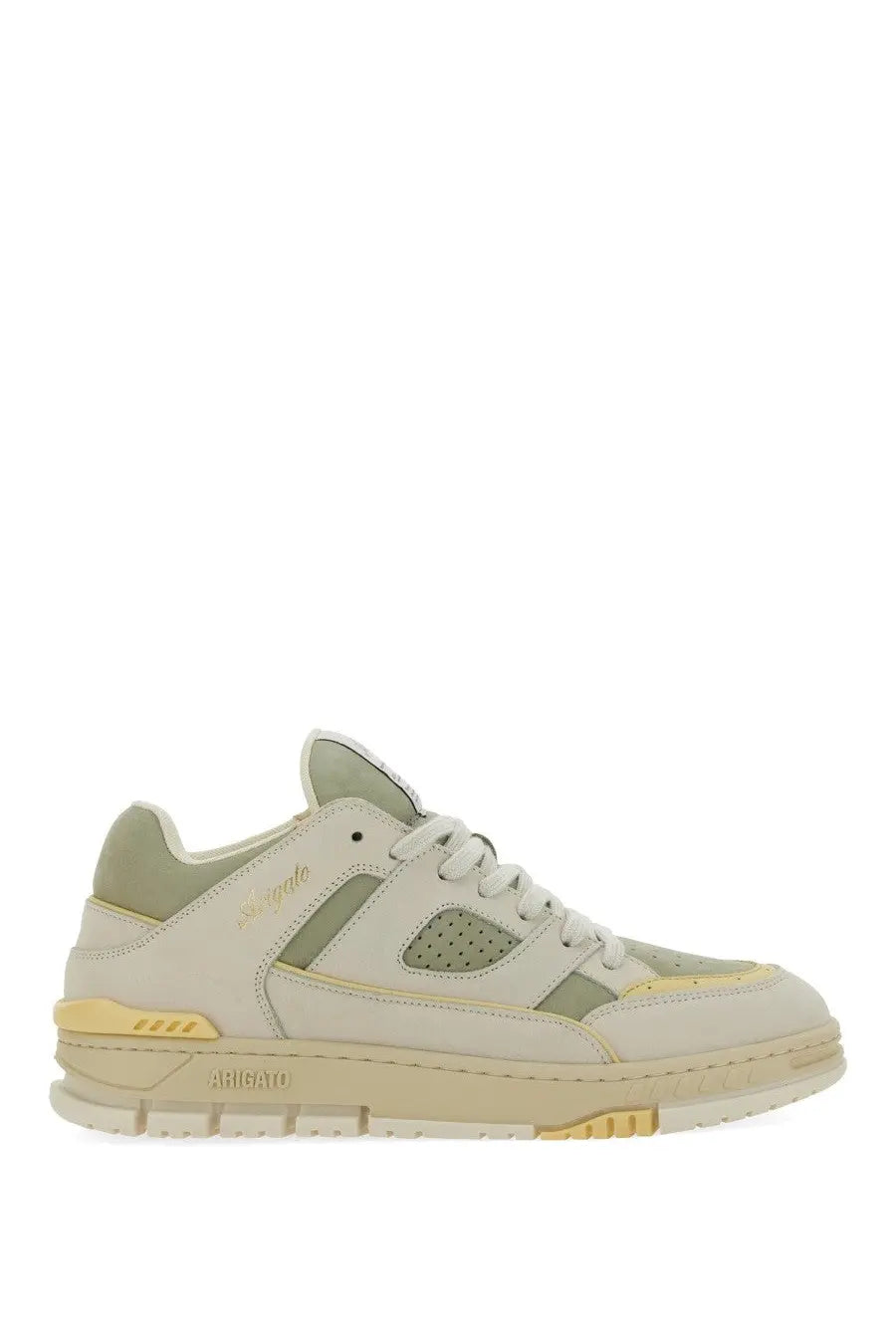 Axel Arigato men’s sneaker area green cream and olive green leather sneaker with yellow accents on sole and branding