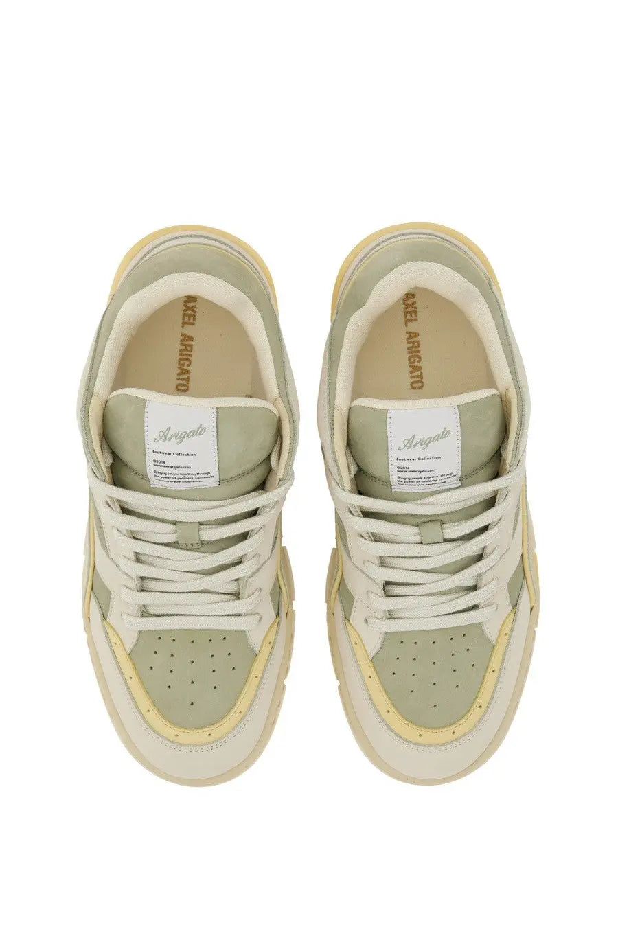 Axel Arigato men’s sneaker area green high-top sneakers in mint green and cream with perforated toe box and chunky sole