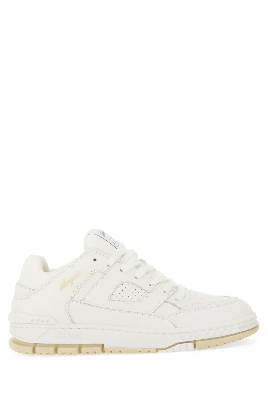 Axel arigato men’s white leather sneaker with subtle gold branding and beige rubber sole