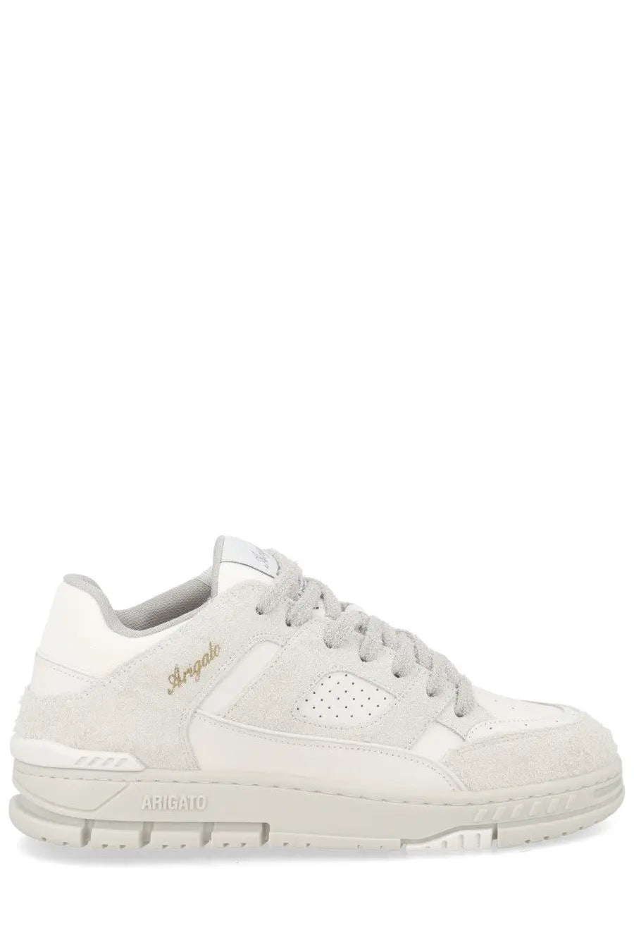 Axel Arigato men’s sneaker area white minimalist white sneaker with suede leather accents and subtle gold logo on side
