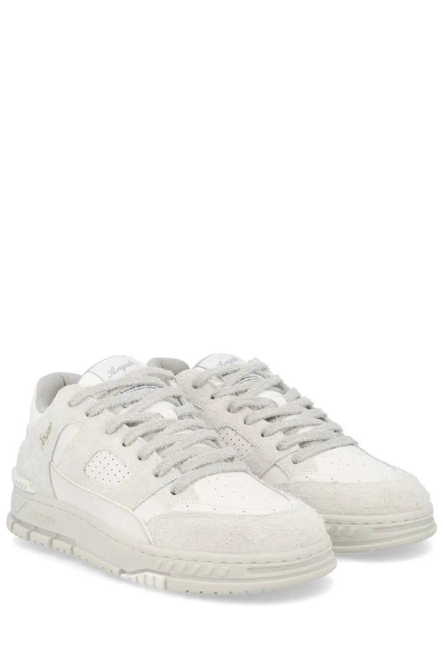 Axel Arigato men’s sneaker area white with white suede and leather, gray laces, and subtle side perforations