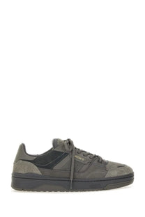 Axel arigato men’s sneaker clay grey in dark gray suede and canvas with textured toe cap and black rubber sole