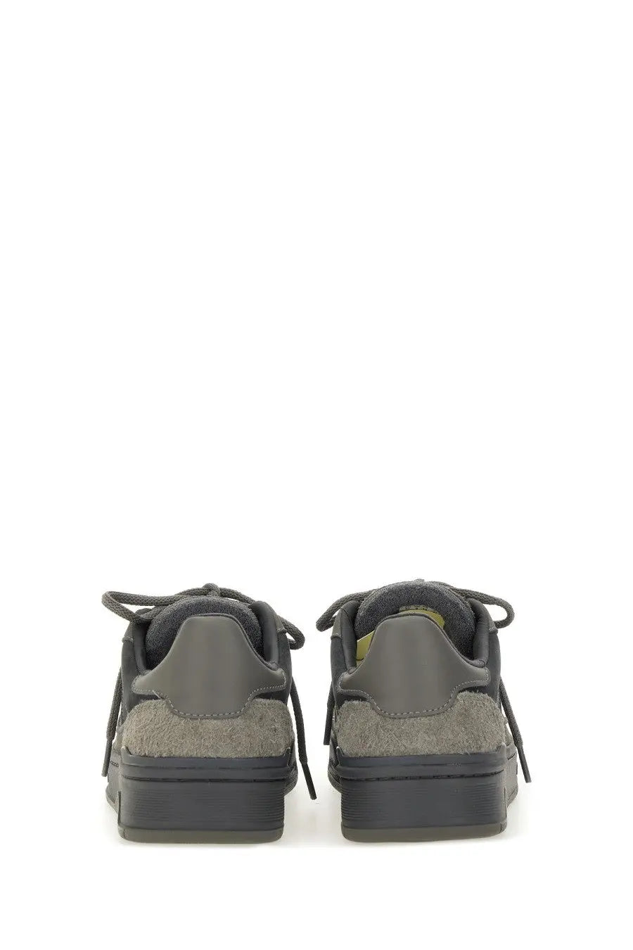Axel Arigato men’s clay grey sneaker in dark gray suede and leather with a chunky rubber sole low top design