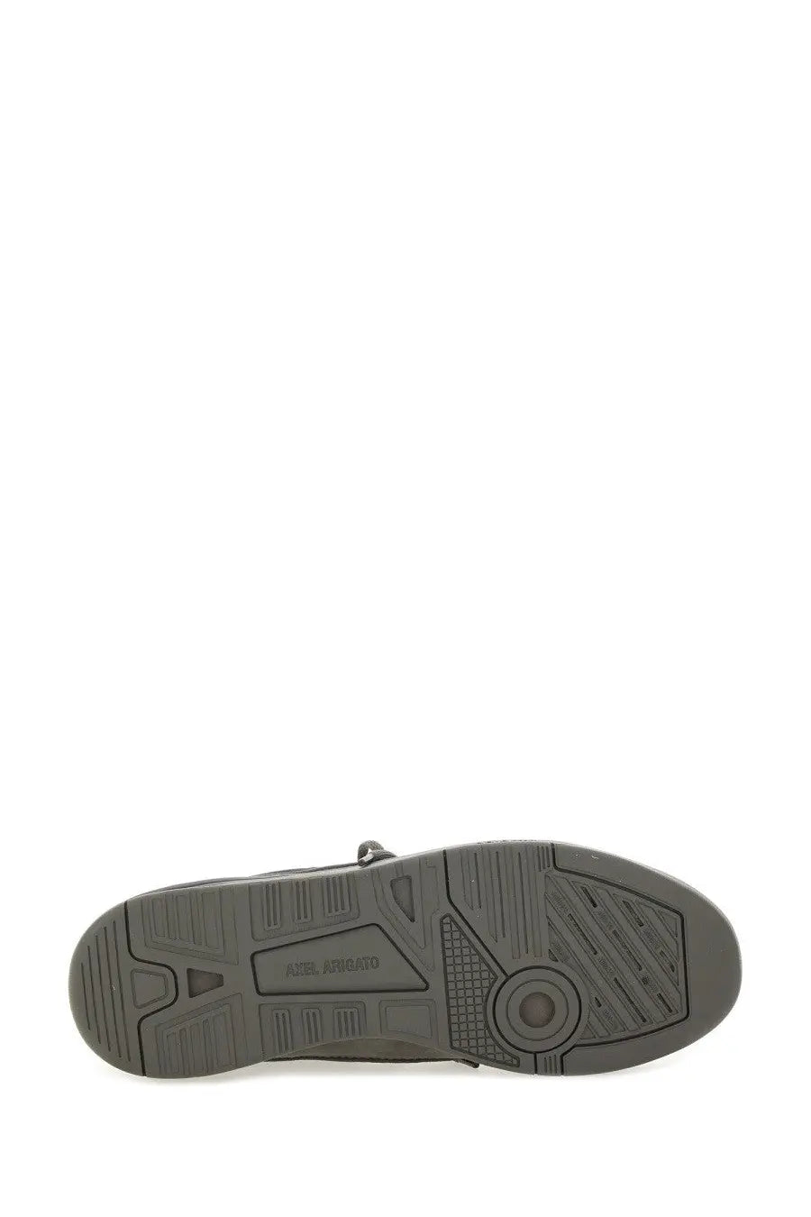 Gray rubber sole with textured tread pattern and embossed axel arigato logo on men’s sneaker clay grey