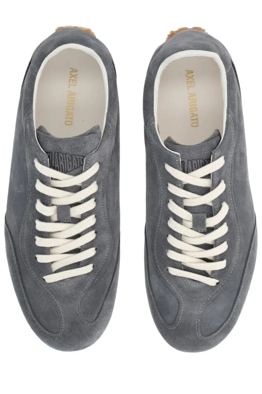 Axel Arigato men’s sneaker Daze Runner grey gray suede low-top with white laces and tan rubber heel tab
