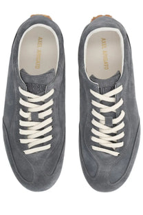 Axel Arigato men’s sneaker Daze Runner grey gray suede low-top with white laces and tan rubber heel tab