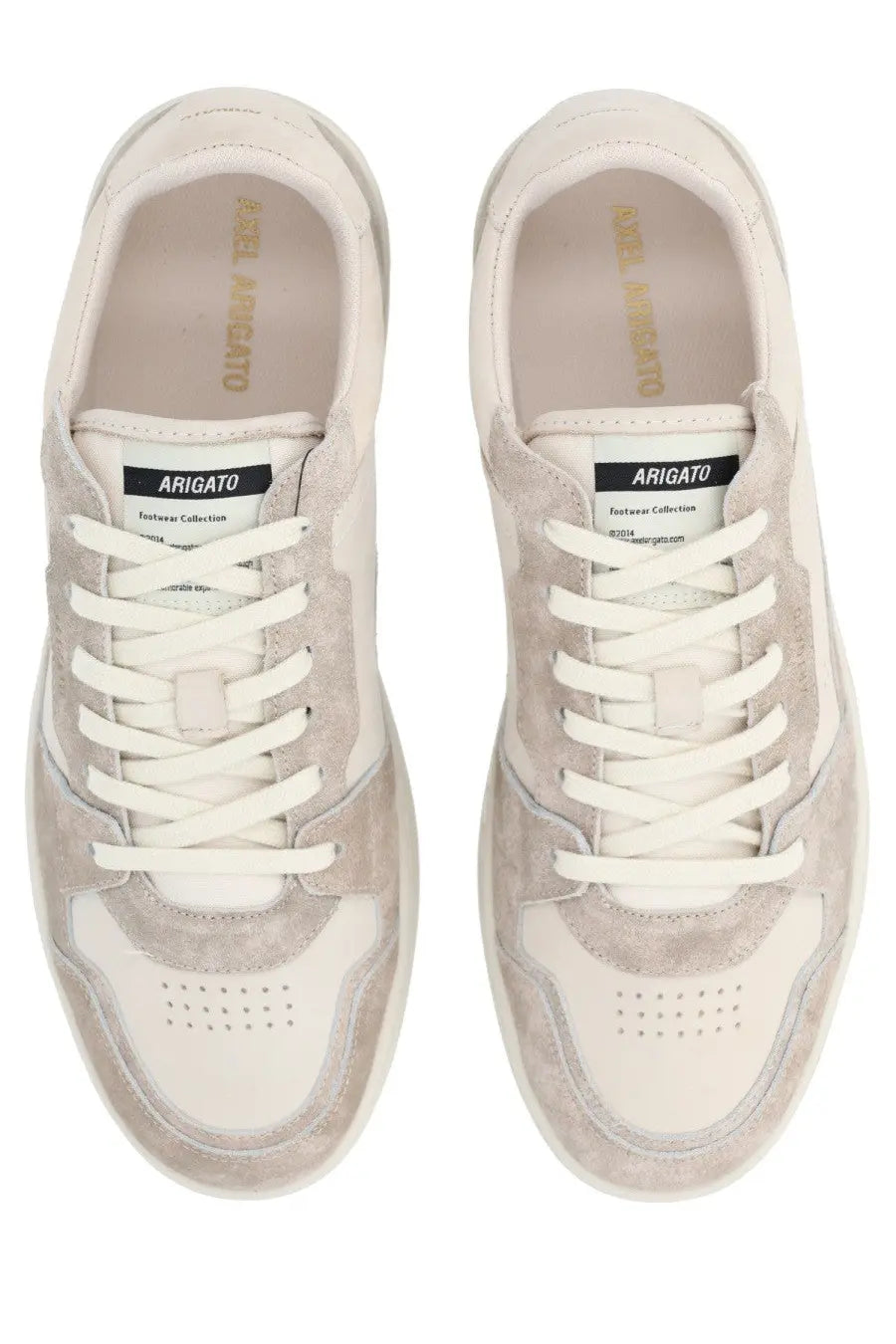 Axel arigato men’s sneaker dice beige featuring two-tone light gray suede and white leather with matching laces