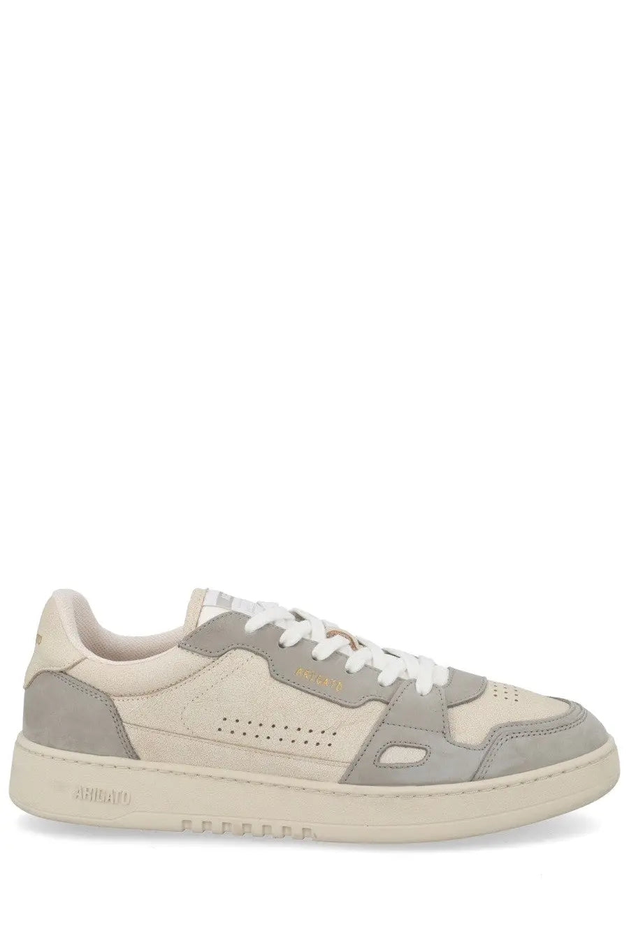 Axel Arigato men’s sneaker Dice Grey low-top beige and gray suede sneaker with perforated detailing and white laces