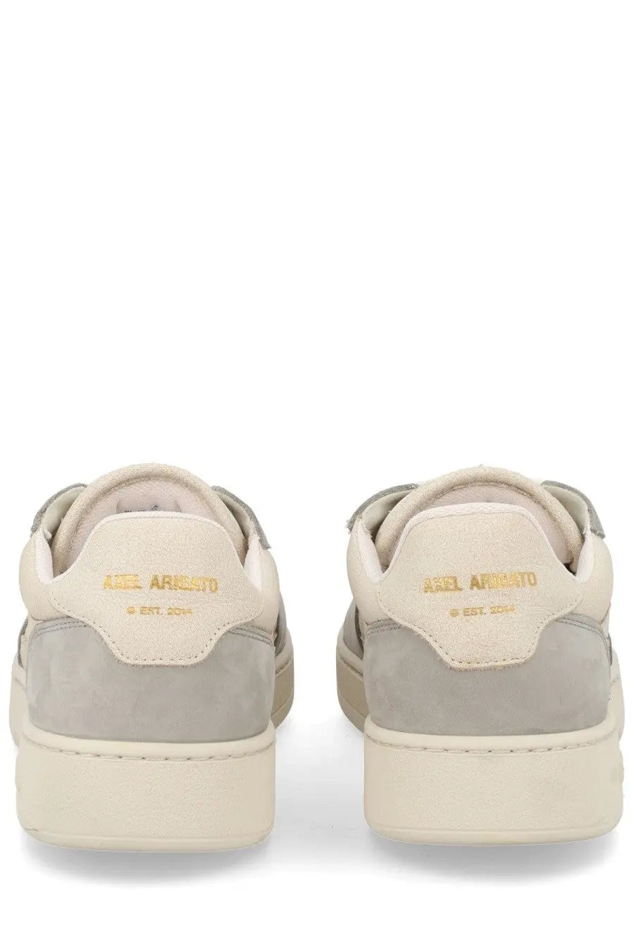 Beige and gray suede low-top axel arigato men’s sneaker dice grey showing gold branding on the heel back view