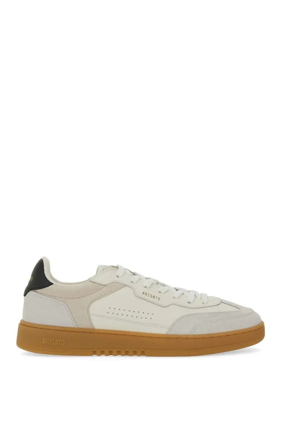 Axel Arigato men’s sneaker Dice white in cream suede and leather with black heel tab and tan rubber sole
