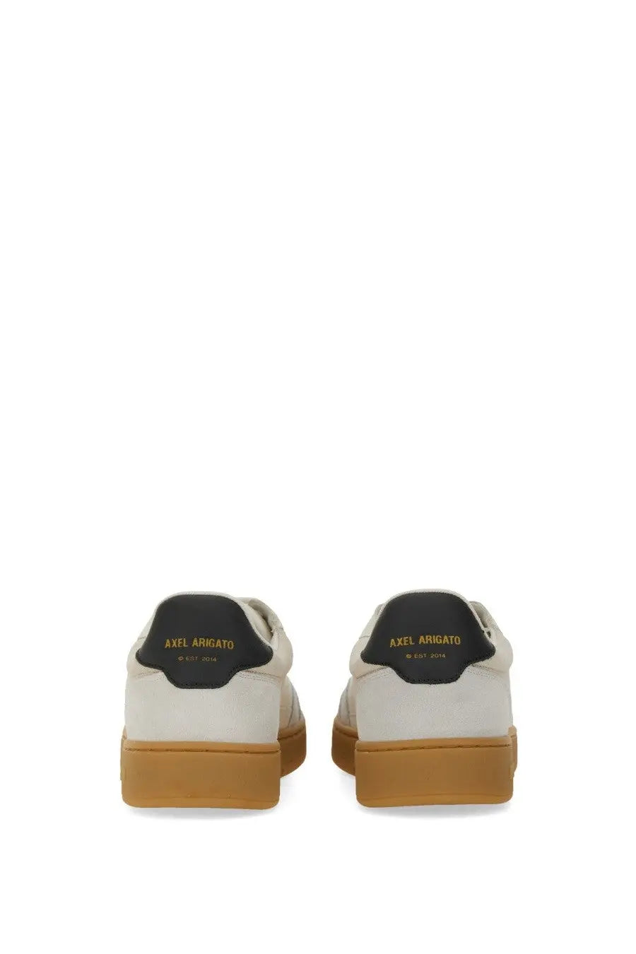 Axel Arigato men’s sneaker dice white leather with black heel tabs tan rubber soles and gold lettering on the back