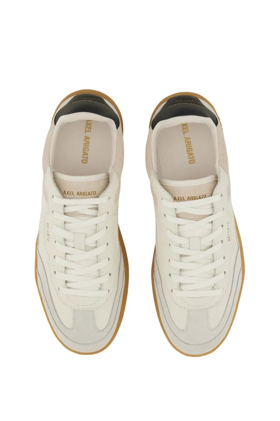 Axel Arigato men’s sneaker Dice white in white leather with tan rubber soles black heel accents and gold branding