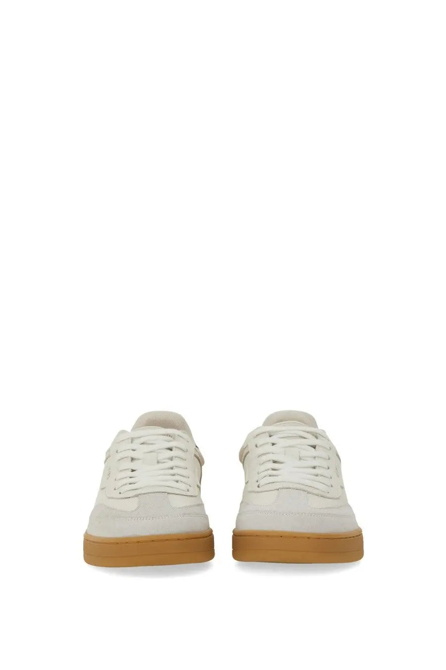 Axel Arigato men’s sneaker dice white in white suede low top with tan rubber sole and matching laces