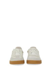 Axel Arigato men’s sneaker dice white in white suede low top with tan rubber sole and matching laces