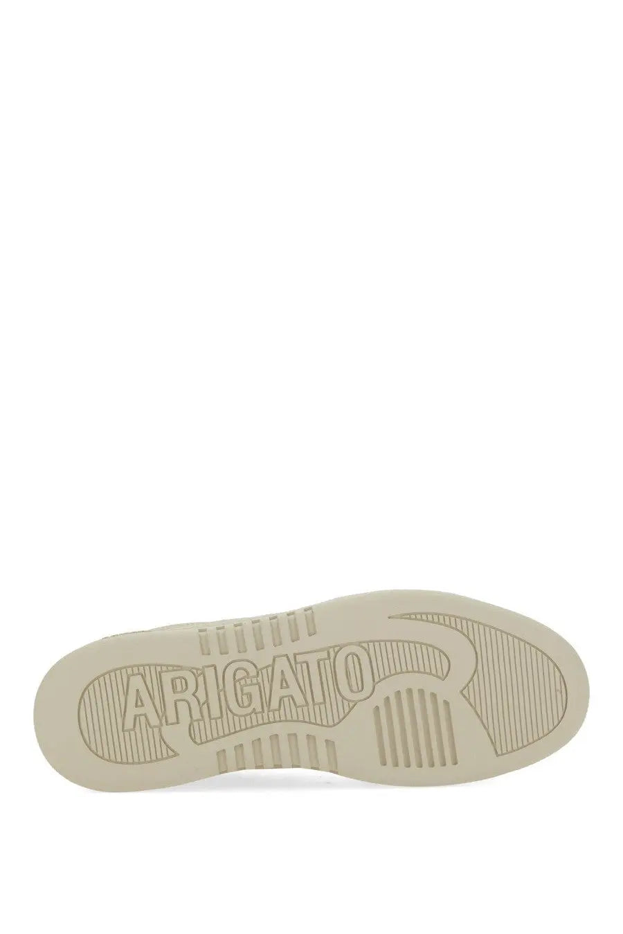 Cream-colored rubber sole with embossed arigato branding and textured grip on axel arigato men’s sneaker says beige