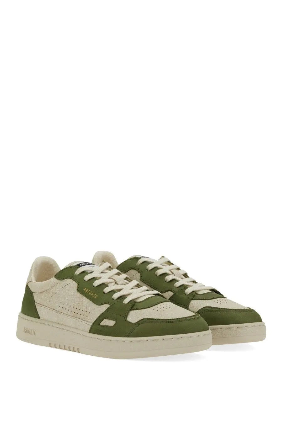 Axel Arigato men’s sneaker says beige low-top with olive cream perforated leather panels and rubber sole