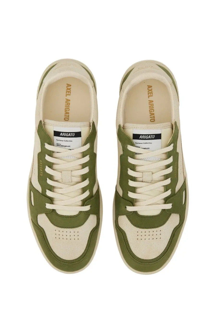 Axel Arigato men’s sneaker says beige low-top olive green and cream suede and canvas with lace-up design and arigato label