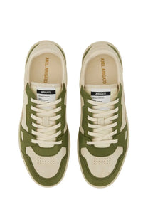 Axel Arigato men’s sneaker says beige low-top olive green and cream suede and canvas with lace-up design and arigato label